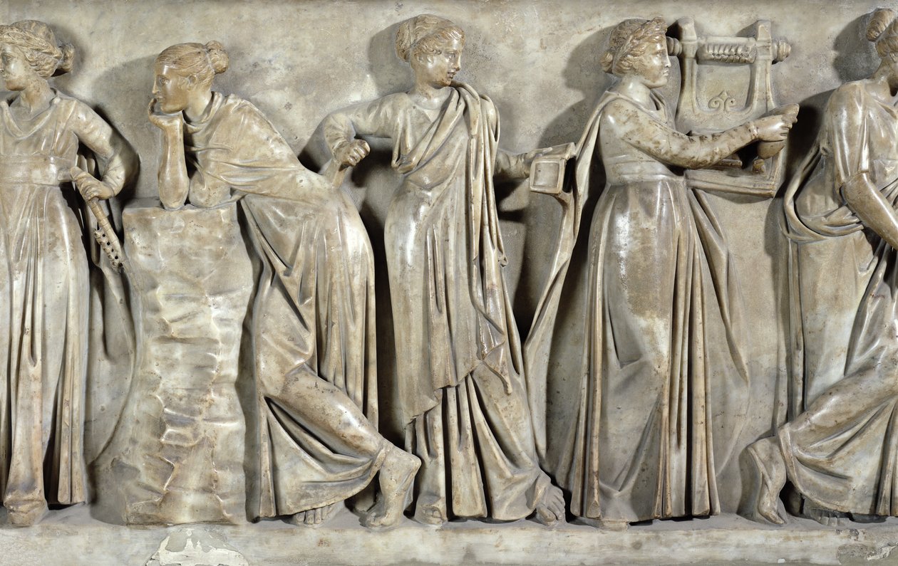 Sarcophagus of the Muses, detalj som viser Calliope, Polyhymnia og Terpsichore, ca. 160 e.Kr. (marmor) av Roman
