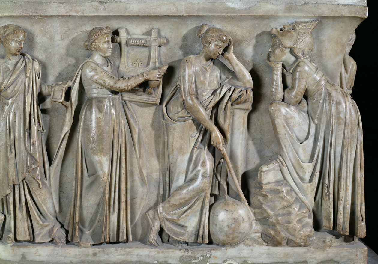 Sarcophagus of the Muses, detalj som viser Terpsichore, Urania og Melpomene, ca. 160 e.Kr. (marmor) av Roman