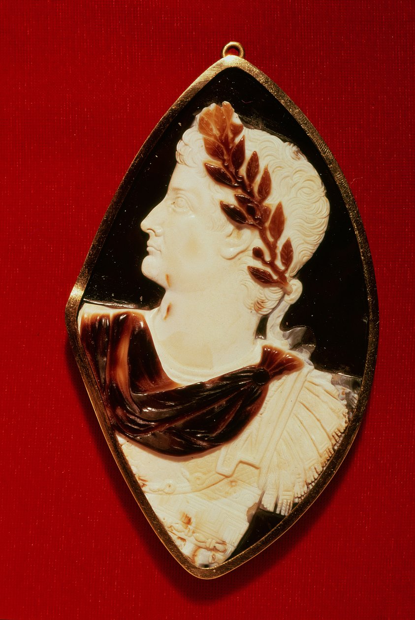 Sardonyx Cameo som bærer profilen til Tiberius (Claudius Nero) (42BC-37AD), 1. århundre e.Kr. (sardonyx) av Roman