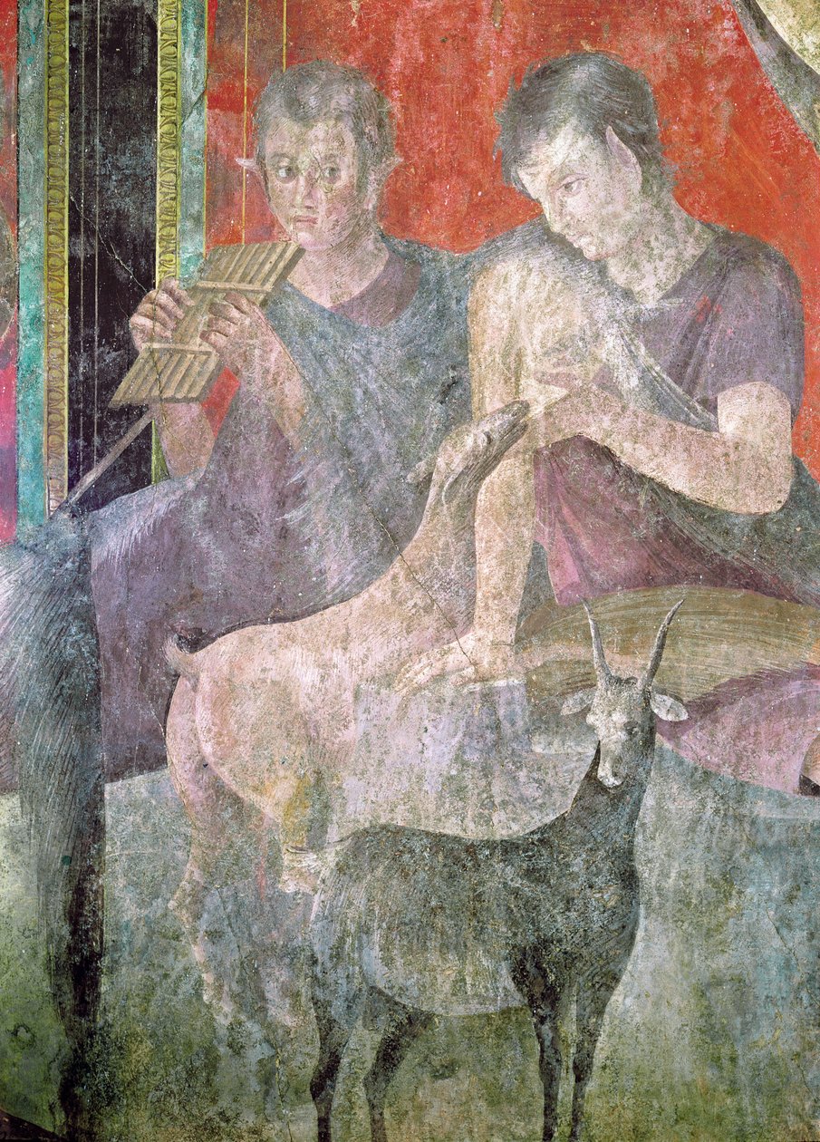 Satyr som spiller pannepipen og nymfe som ammer en geit, 60-50 f.Kr. (se også 57187 og 57185) av Roman