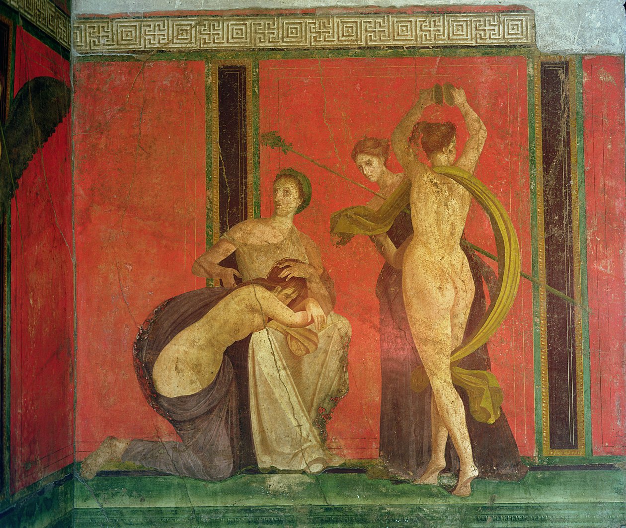 Pisket kvinne og danser med cymbaler, South Wall, Oecus 5, Second Pompeiian Style av Roman