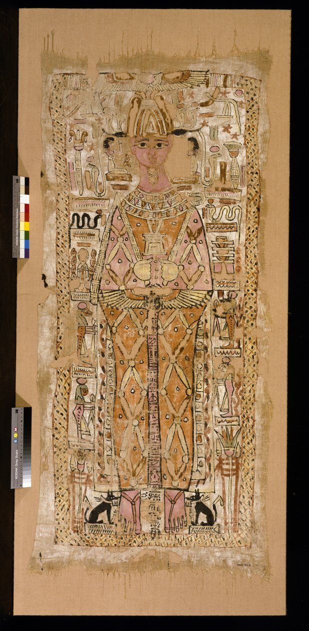 Likkled som viser den avdøde, en mann ved navn Nespatawi, som Osiris, flankert av tilhørende guder og symboler (malt lin) av Roman