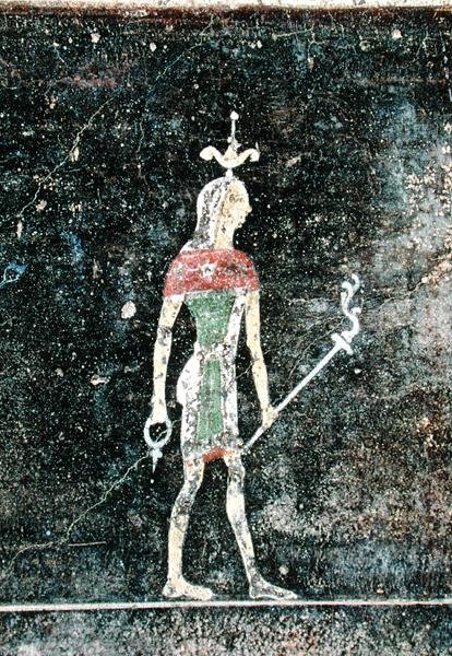 Stående gud, detalj fra et talinium dekorert med malerier i egyptisk stil, ca. 27-14 f.Kr. av Roman