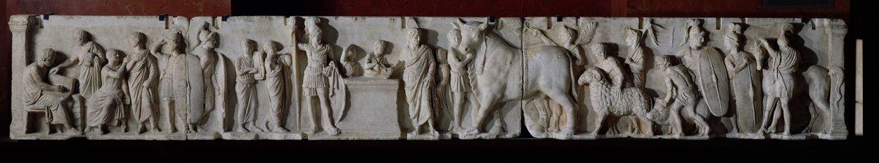 Tar folketellingen og ofringen av en okse, en vær og en gris til ære for guden Mars, frise fra alteret til Domitius Ahenobarbus, fra Neptun-tempelet, Roma av Roman