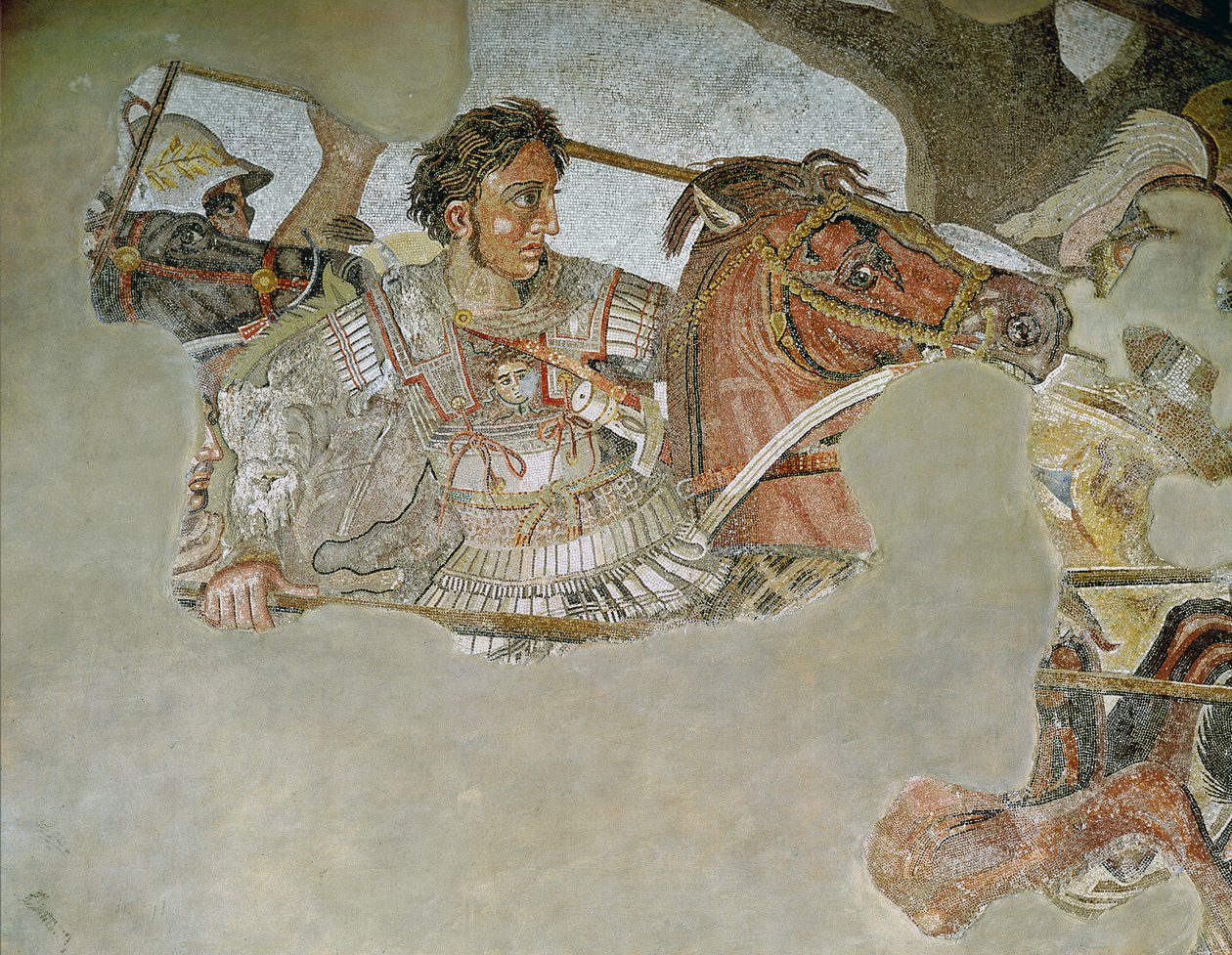 Alexander-mosaikken, detalj som viser Alexander den store 356-323 f.Kr. i slaget ved Issus mot Darius III 399-330 f.Kr. i 333 f.Kr. mosaikkdetalj fra 154003 av Roman