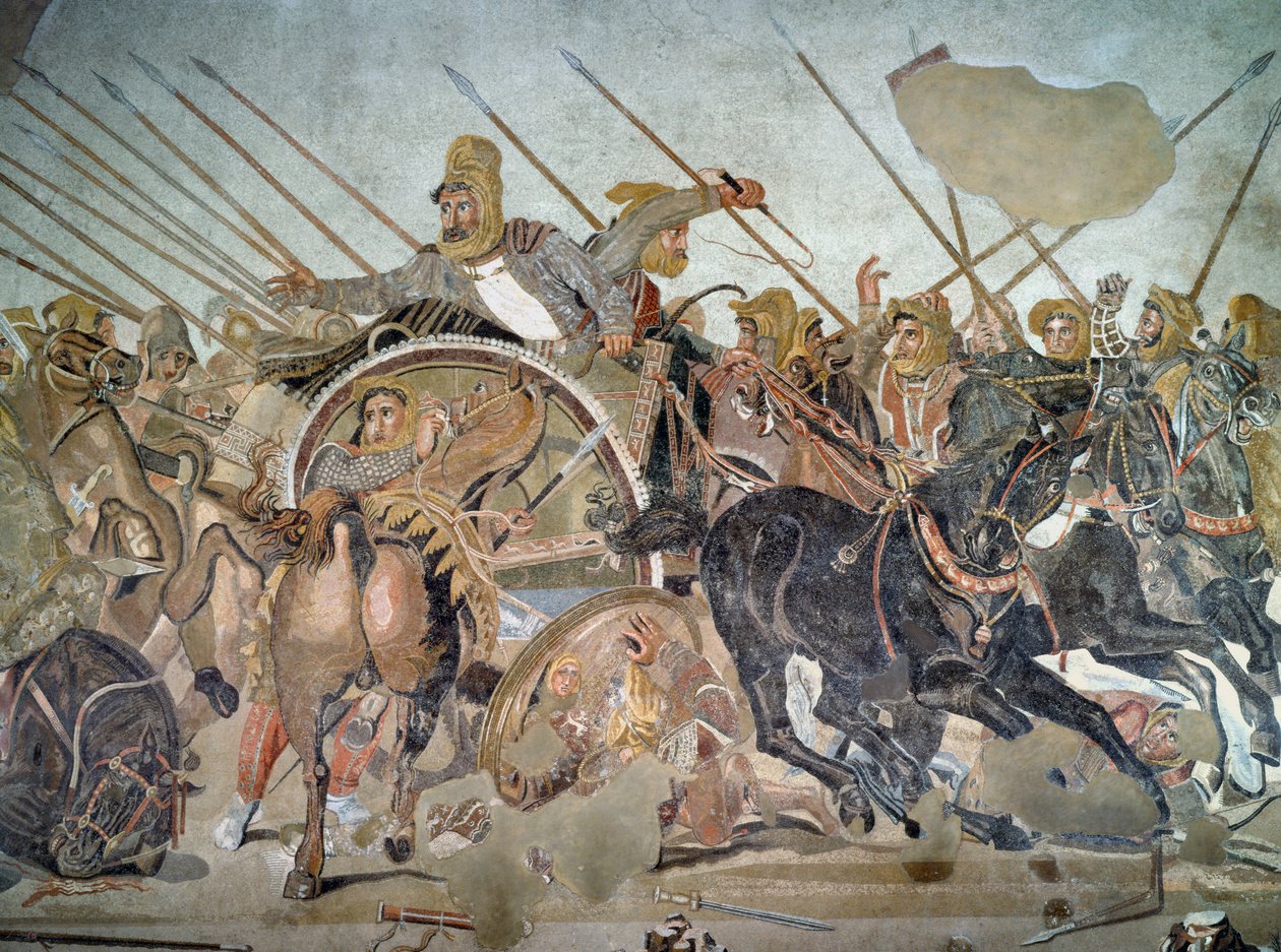 Alexander-mosaikken, detalj som viser Darius III 399-330 f.Kr. i slaget ved Issus mot Alexander den store 356-323 f.Kr. i 333 f.Kr. mosaikkdetalj fra 154003 av Roman