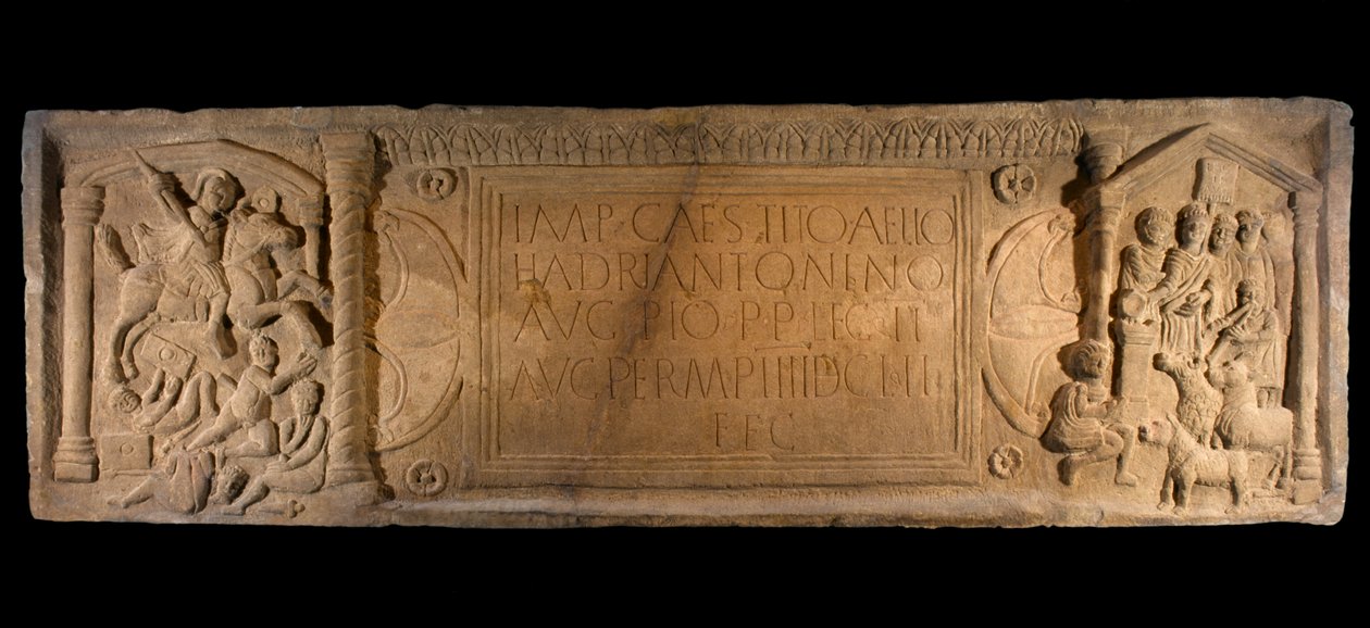 The Bridgeness Slab, detalj fra en sandsteinsavstandsplate, som symboliserer den romerske erobringen, fra Bridgeness, West Lothian, ca. 142 e.Kr. av Roman