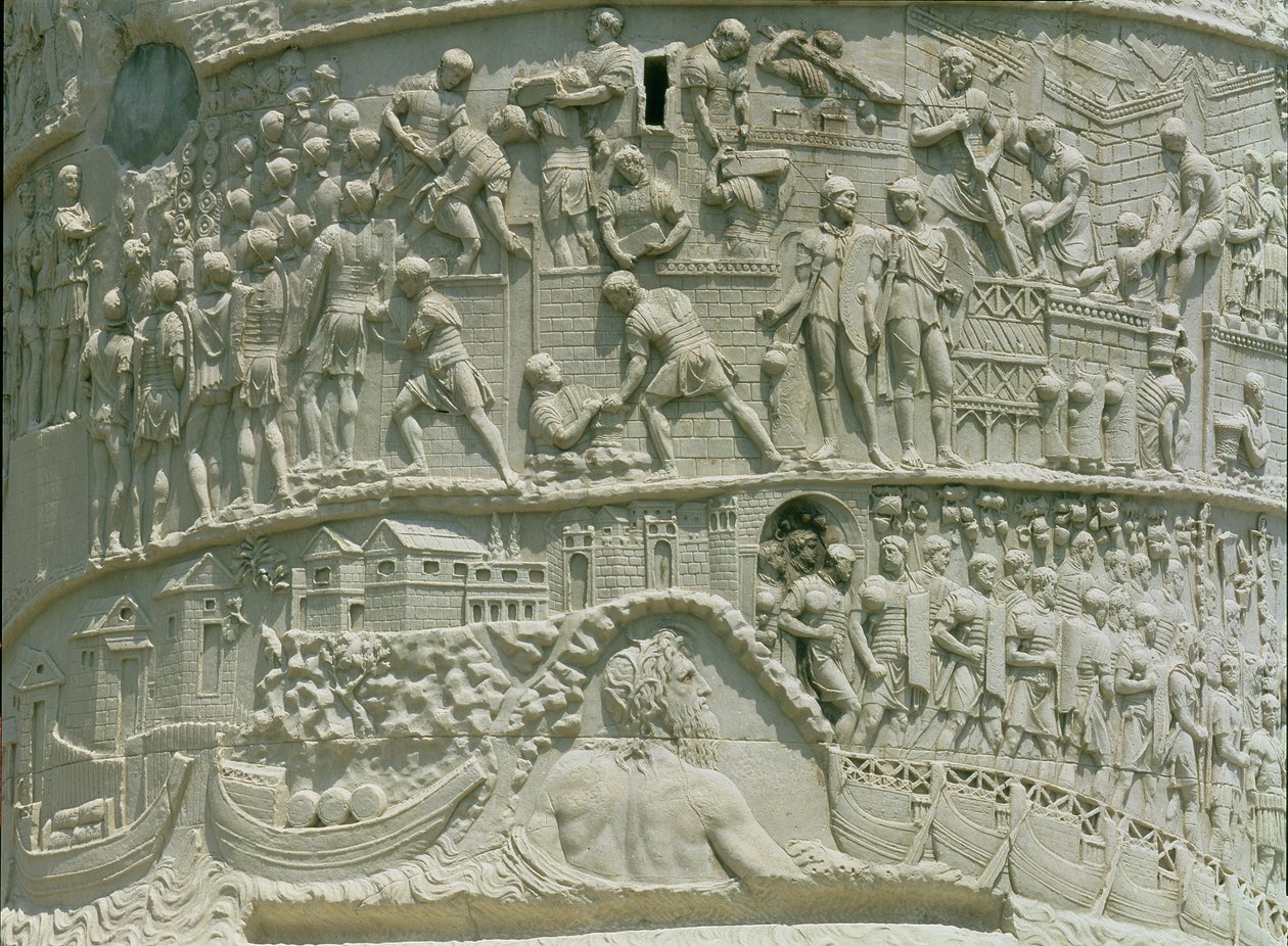 Den romerske hæren som krysser Donau, detalj fra Trajans søyle, 113 e.Kr. (kalkstein) av Roman