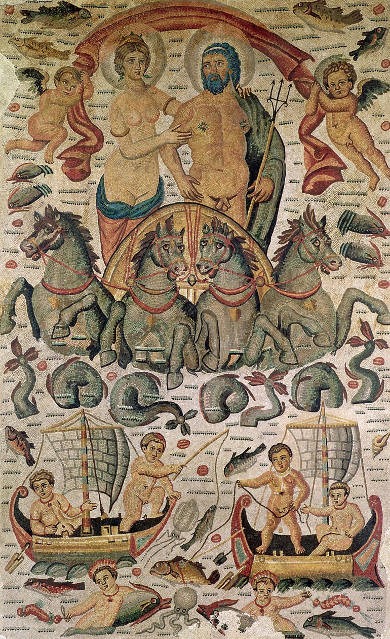 The Triumph of Neptun and Amphitrite, fragment av fortau, fra Constantine, Algerie (mosaikk) av Roman