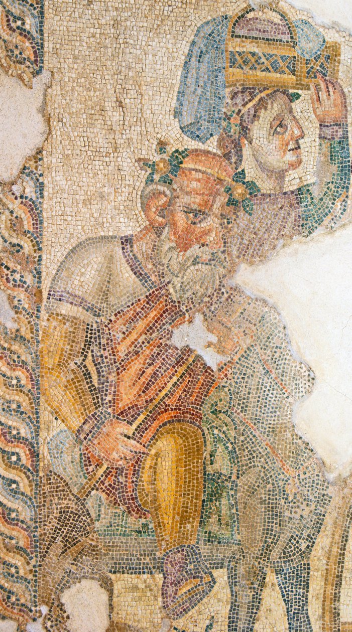 The Triumphant Procession of Dionysos, detalj av Seilenos som rir på eselet sitt. House of Aion, Paphos, Kypros mosaikk av Roman