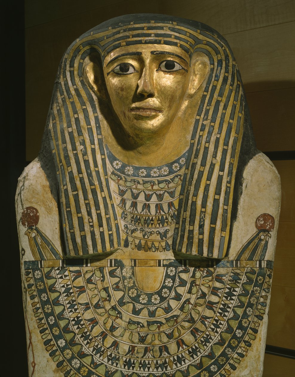 Sarkofag av Imenhetep, fra Touna el Gebel, 1. århundre f.Kr. - 1. århundre e.Kr., (malt og forgylt fikentre, kartong, stukkatur) av Roman Period Egyptian