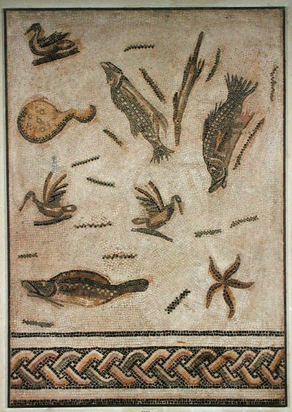 Ender og marin fauna, fragment av fortau fra Utica, Tunisia, 3.-4. århundre (mosaikk) av Roman Roman