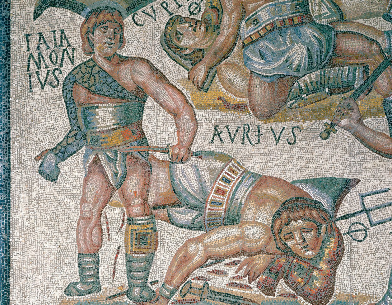 Mosaikk som viser en scene med kamp mot gladiatorer, detaljer, plassert i Borghese-galleriet i Roma av Roman Roman
