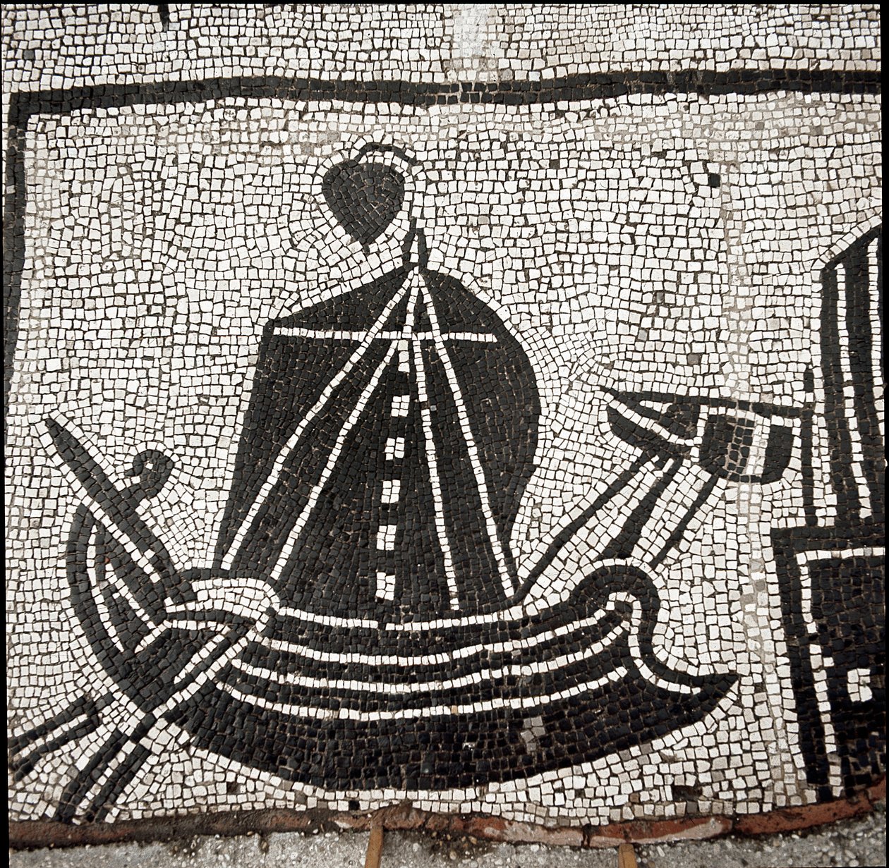 Et skip i havnen i Ostia (mosaikk av Roman