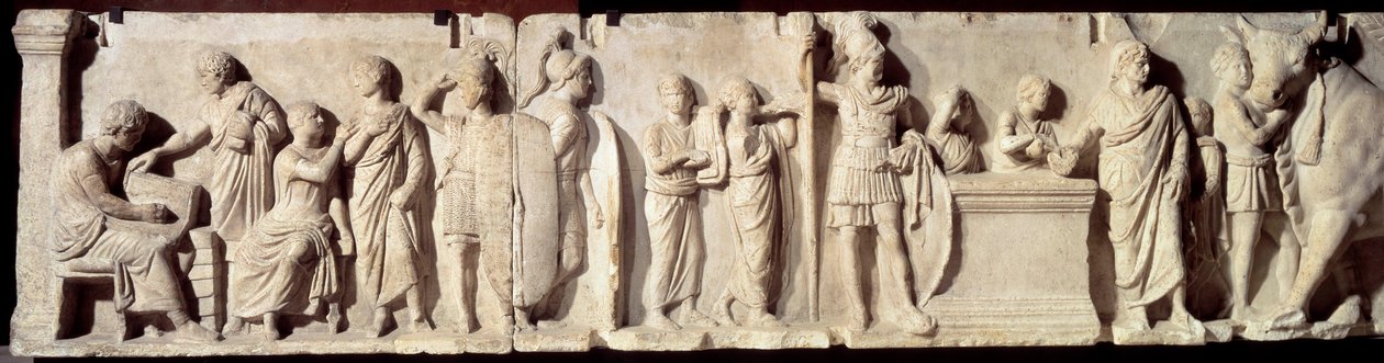 Antikkens Roma: relieff kjent som Domitius Ahenobarbus, episode av en folketelling: registrering av borgere og ofring til guden Mars. Omtrent 100 f.Kr. Søn 2 m. Paris, Louvre-museet av Roman