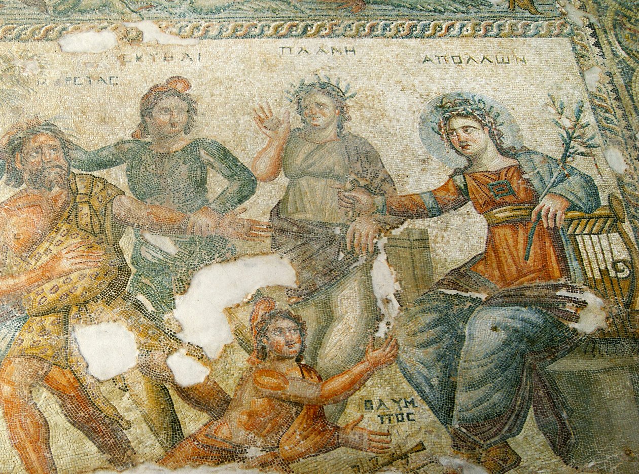 Apollo og Marsyas, House of Aion, Pafos, Kypros (mosaikk) av Roman