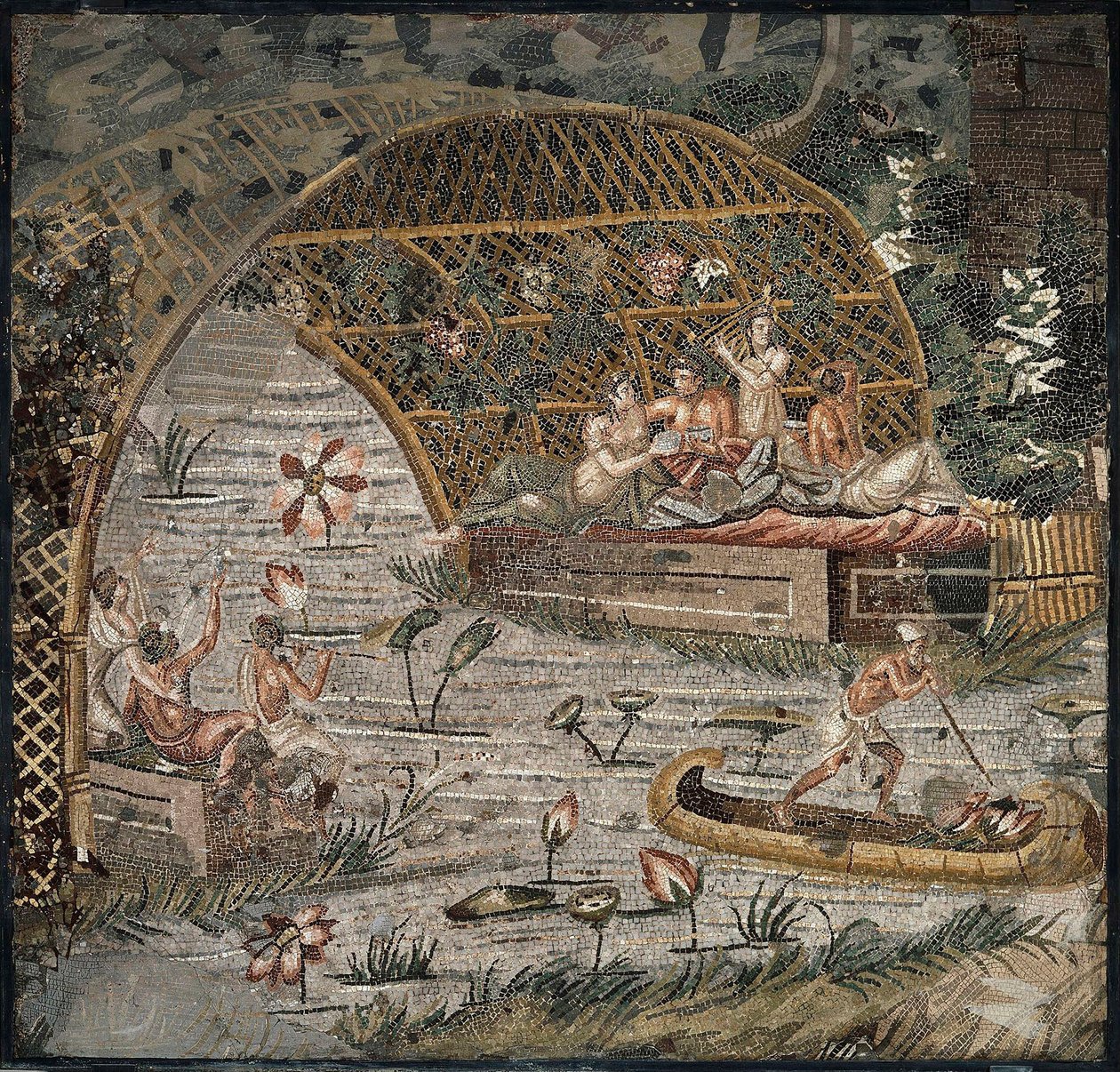 Bankett under en pergola nær Nilen - Detalj av Nilen Mosaic of Palestrina - 3. århundre f.Kr. - Nilen Mosaic of Palestrina - 3. århundre f.Kr., 95x102 cm - Staatliche Museen, Berlin av Roman