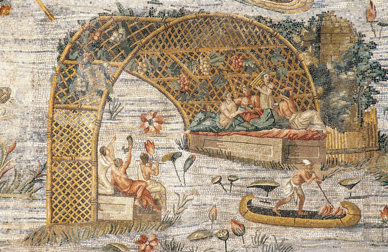 Bankett under pergola, detalj fra nilotisk mosaikk av flom av elven Nilen i Egypt, fra Sanctuary of Fortuna Primigenia i Palestrina, Lazio, Italia, romersk sivilisasjon av Roman