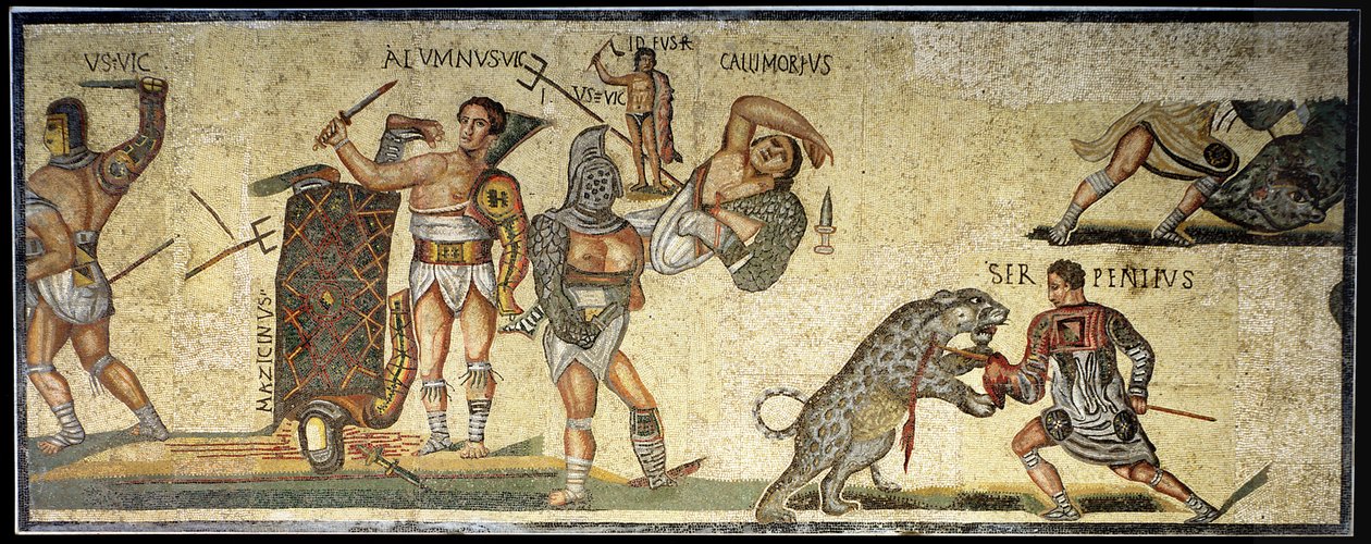 Kamp mellom gladiatorer og villkatter, 320 e.Kr. (mosaikk) av Roman