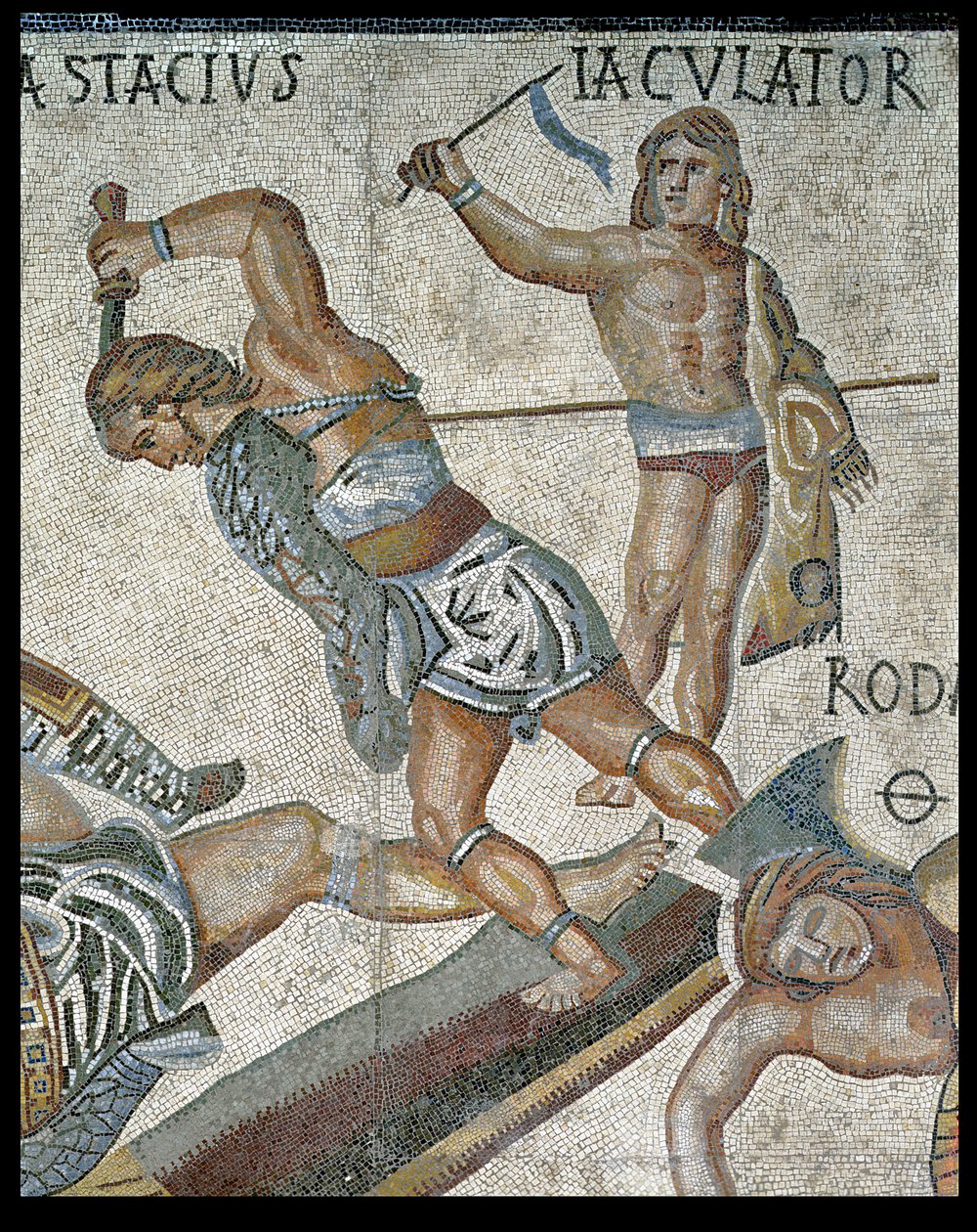 Kamp mellom gladiatorer, detalj av en gladiator som kjemper og en seirende gladiator, 320 AD (mosaikk) av Roman