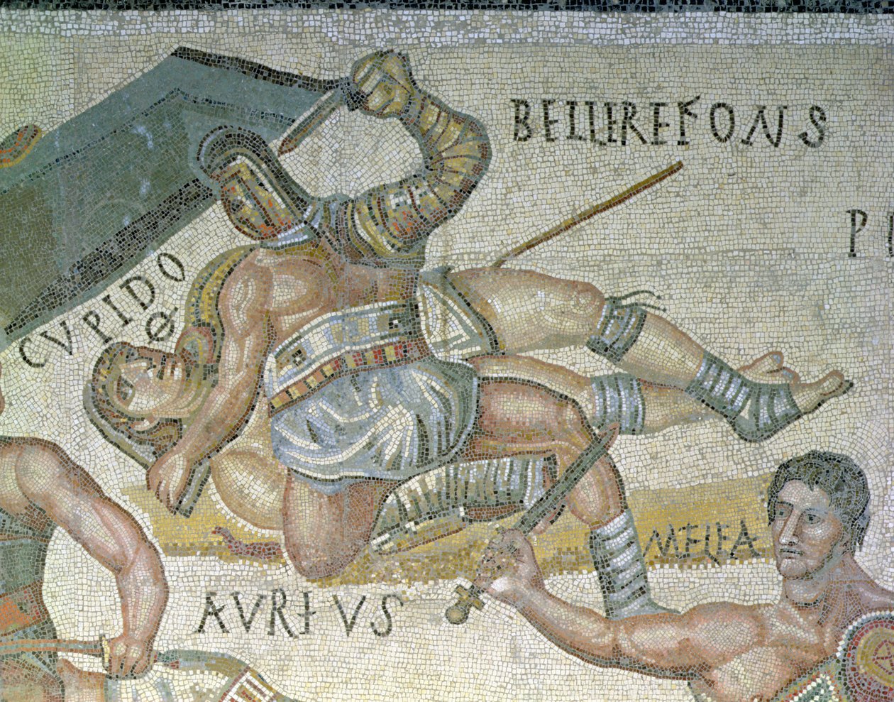 Battle between Gladiators, detalj av en gladiator som fester en annen til bakken, 320 AD (mosaikk) av Roman