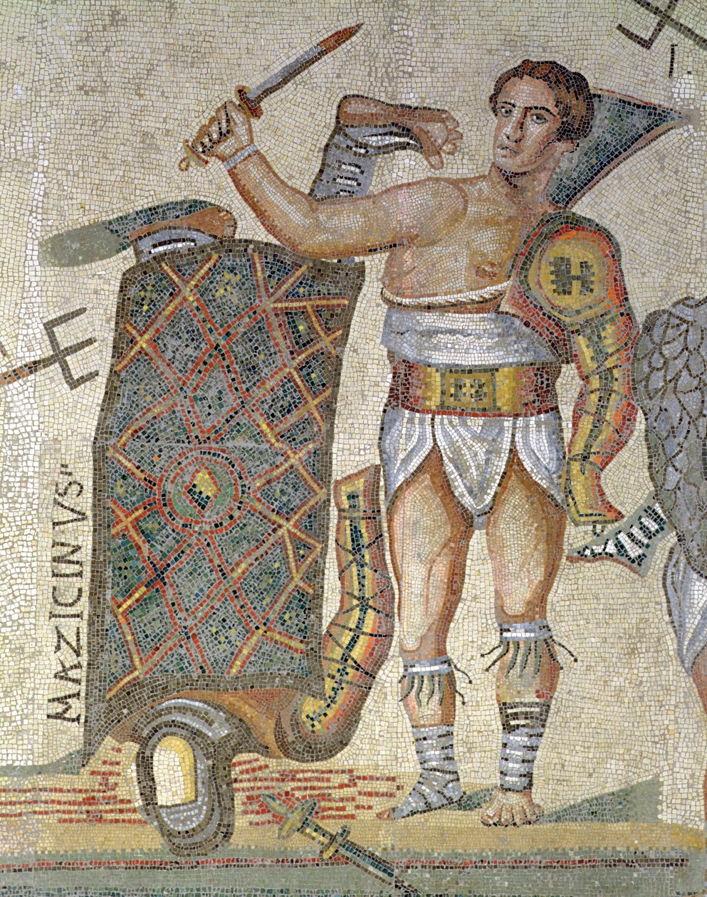 Battle between Gladiators, detalj av en seirende gladiator, 320 AD (mosaikk) av Roman