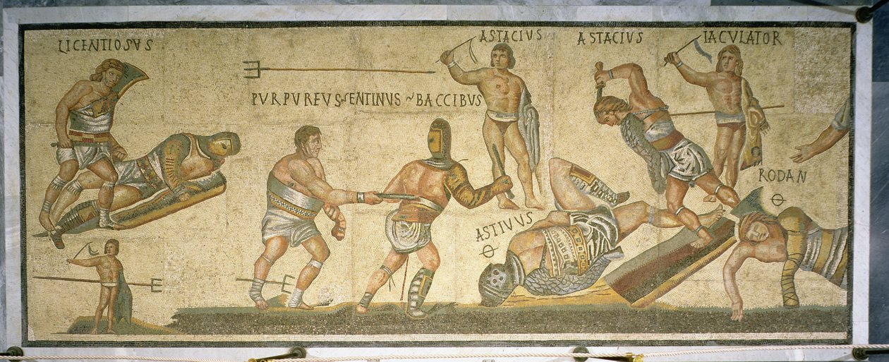 Kamp mellom gladiatorer, 320 AD (mosaikk) av Roman