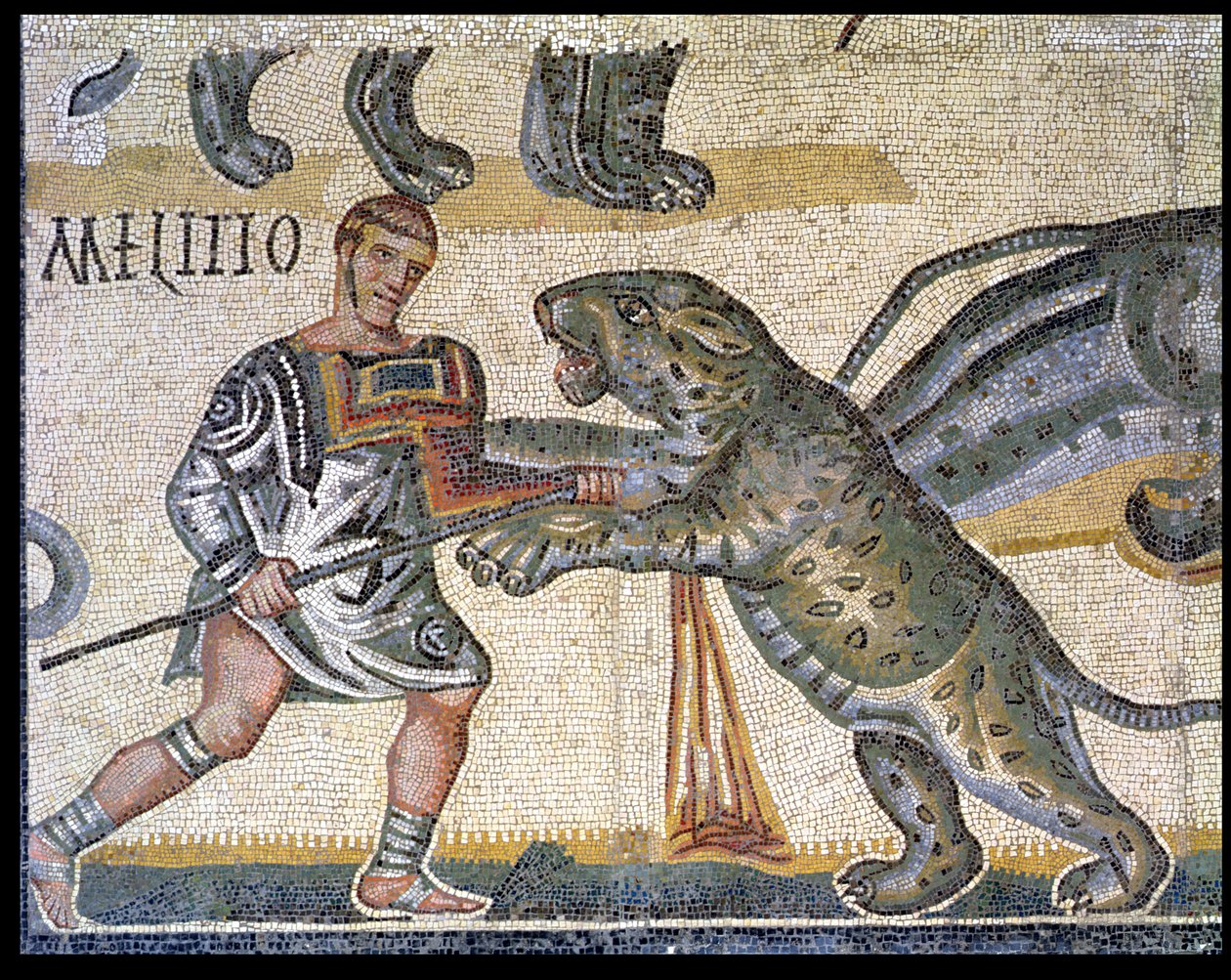 Slaget mellom gladiatorer mot villkattene, detalj som viser en gladiator som løper gjennom en villkatt, 320 e.Kr. (mosaikk) av Roman