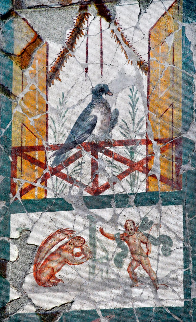 Under en fugl lagt på en balkong står en amour overfor et ekorn. Sent på 1. århundre (fresco) av Roman