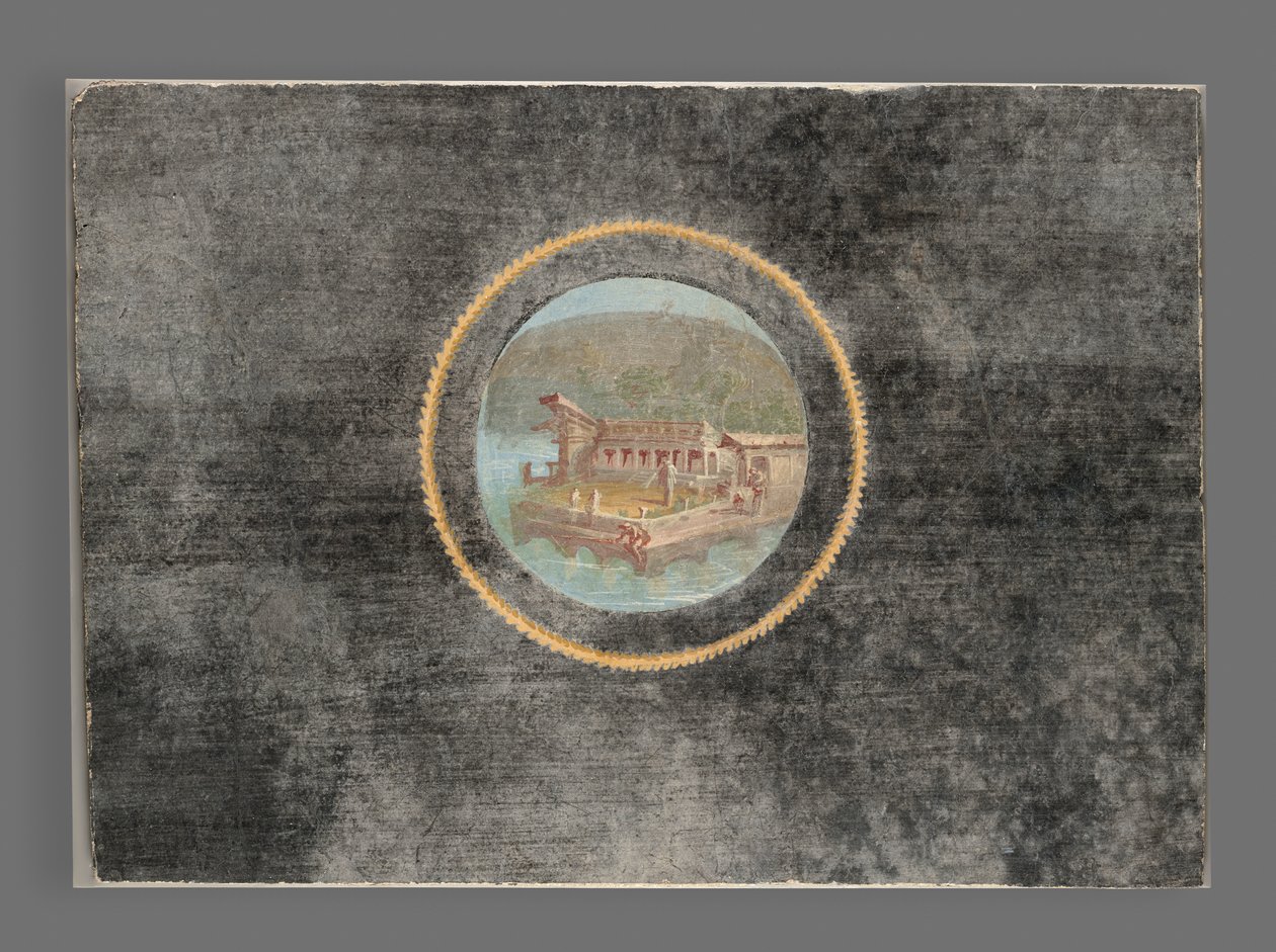 Black-Ground Fresco Fragment with Landscape in Tondo, 50-79 A.D. (fresco) av Roman