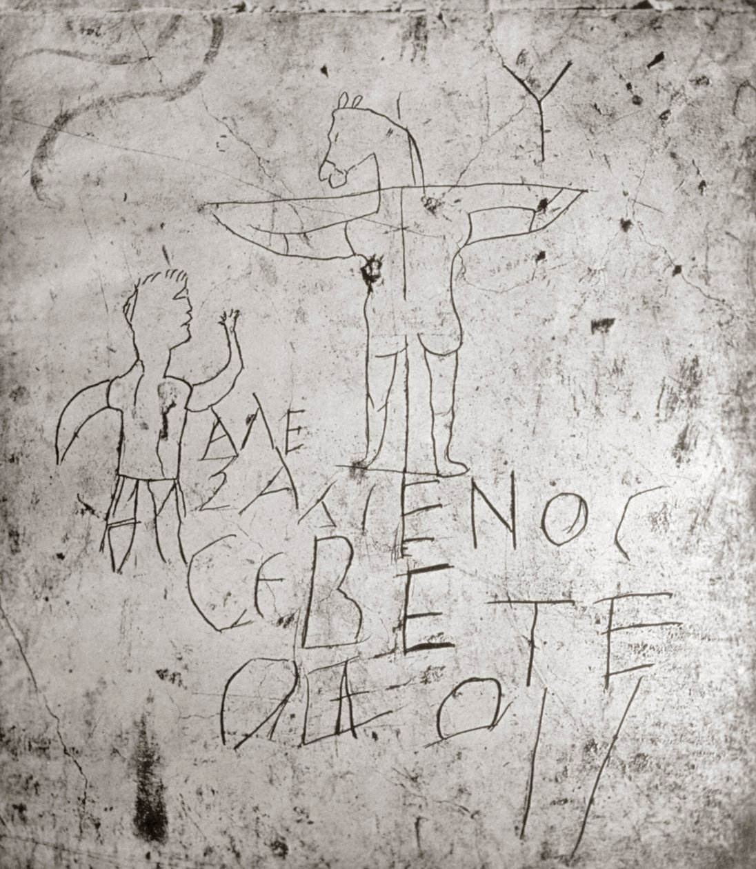 Blasfemisk graffito av en korsfestelse (stein) av Roman