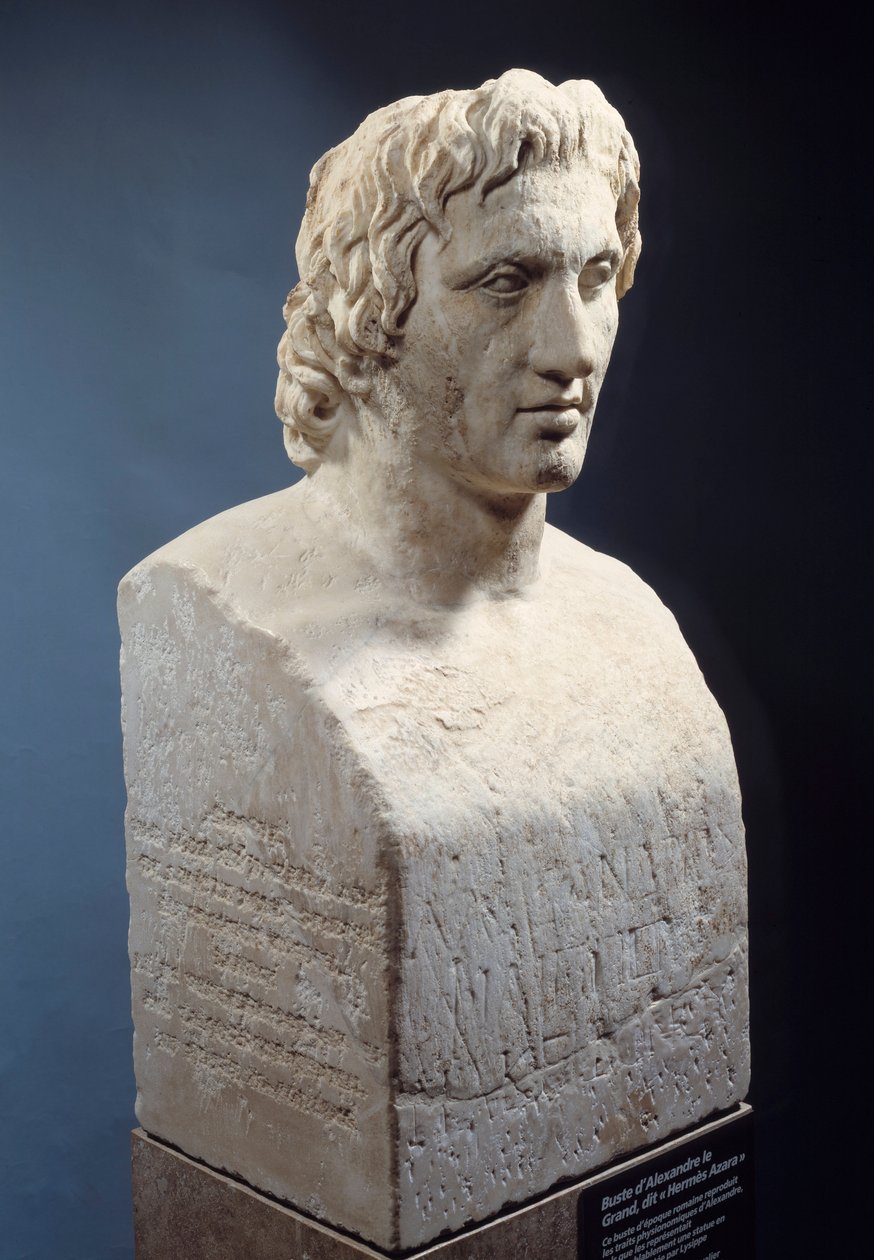 Byste av Alexander den store, kjent som "Hermes Azara", romersk verk etter en bronsestatue av Lysippe. Omtrent 330 f.Kr. Paris, Louvre-museet av Roman
