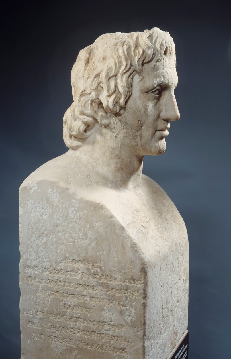 Byste av Alexander den store, kjent som "Hermes Azara", romersk verk etter en bronsestatue av Lysippe. Omtrent 330 f.Kr. Paris, Louvre-museet av Roman