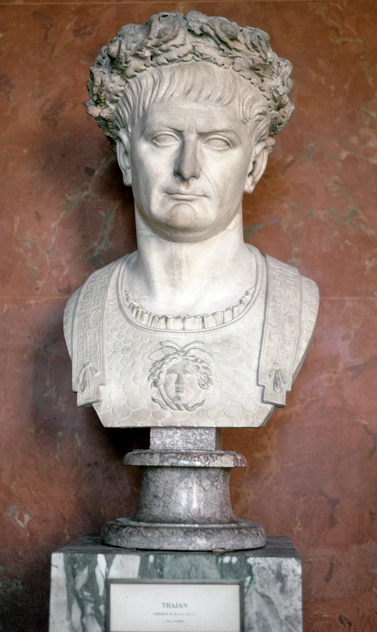Byste av keiser Trajan med en krans av laurbær og Medusa på overkroppen (marmorskulptur, 98-117) av Roman