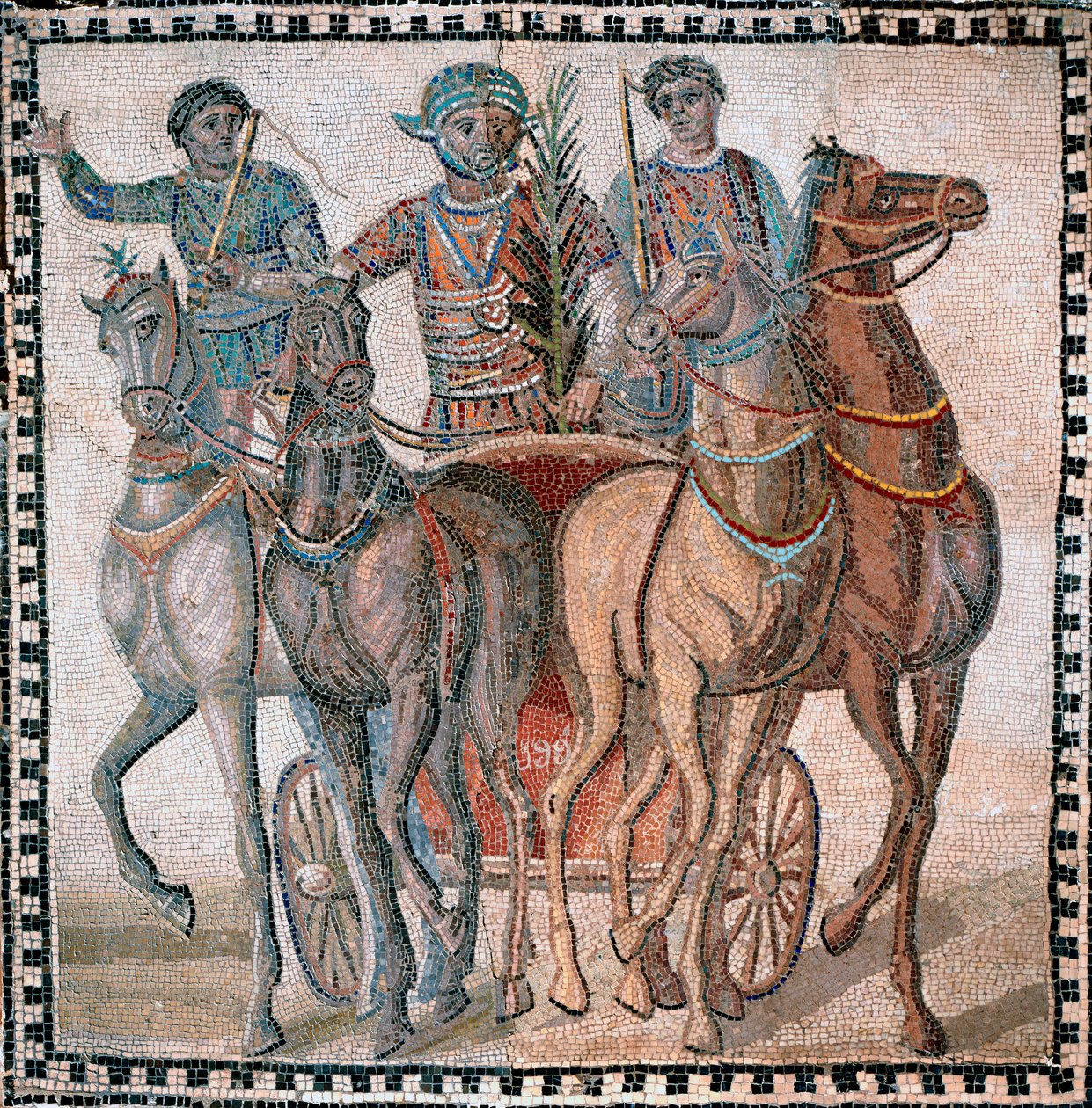 Chariot racing, førere i startposisjon - Mosaikk, 3. århundre av Roman