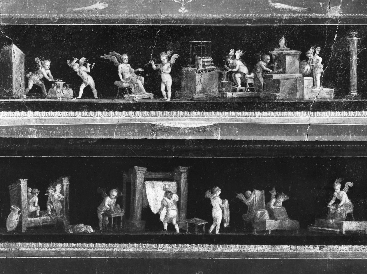 Kjeruber som tjener penger og farger tøy, frise fra Oecus of the Casa dei Vettii (Hus of the Vettii) ca. 50-79 e.Kr. av Roman