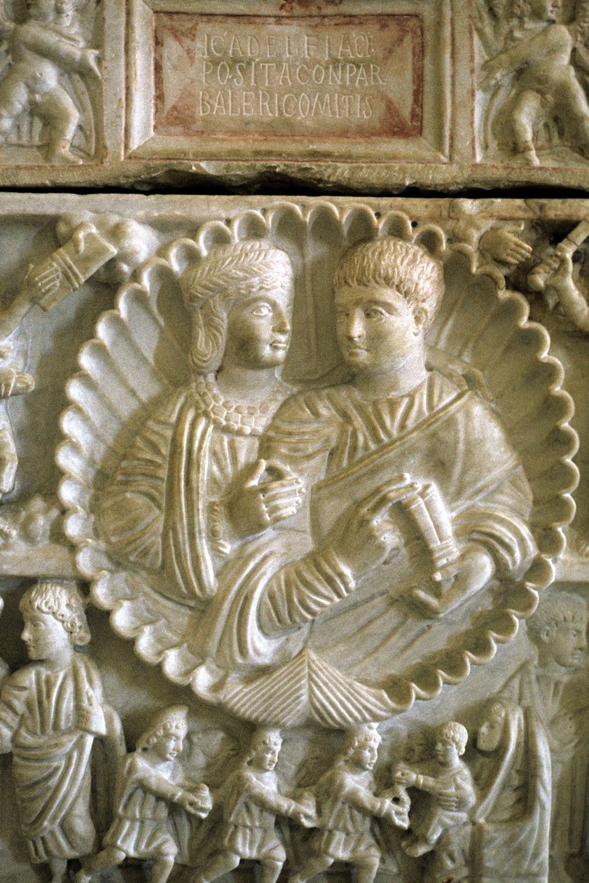 Kristen kunst 313 e.Kr.: Adelphia og Valerio. Sarkofagen av Adelphia bevart ved Museum of Syracuse på Sicilia (Italia). av Roman