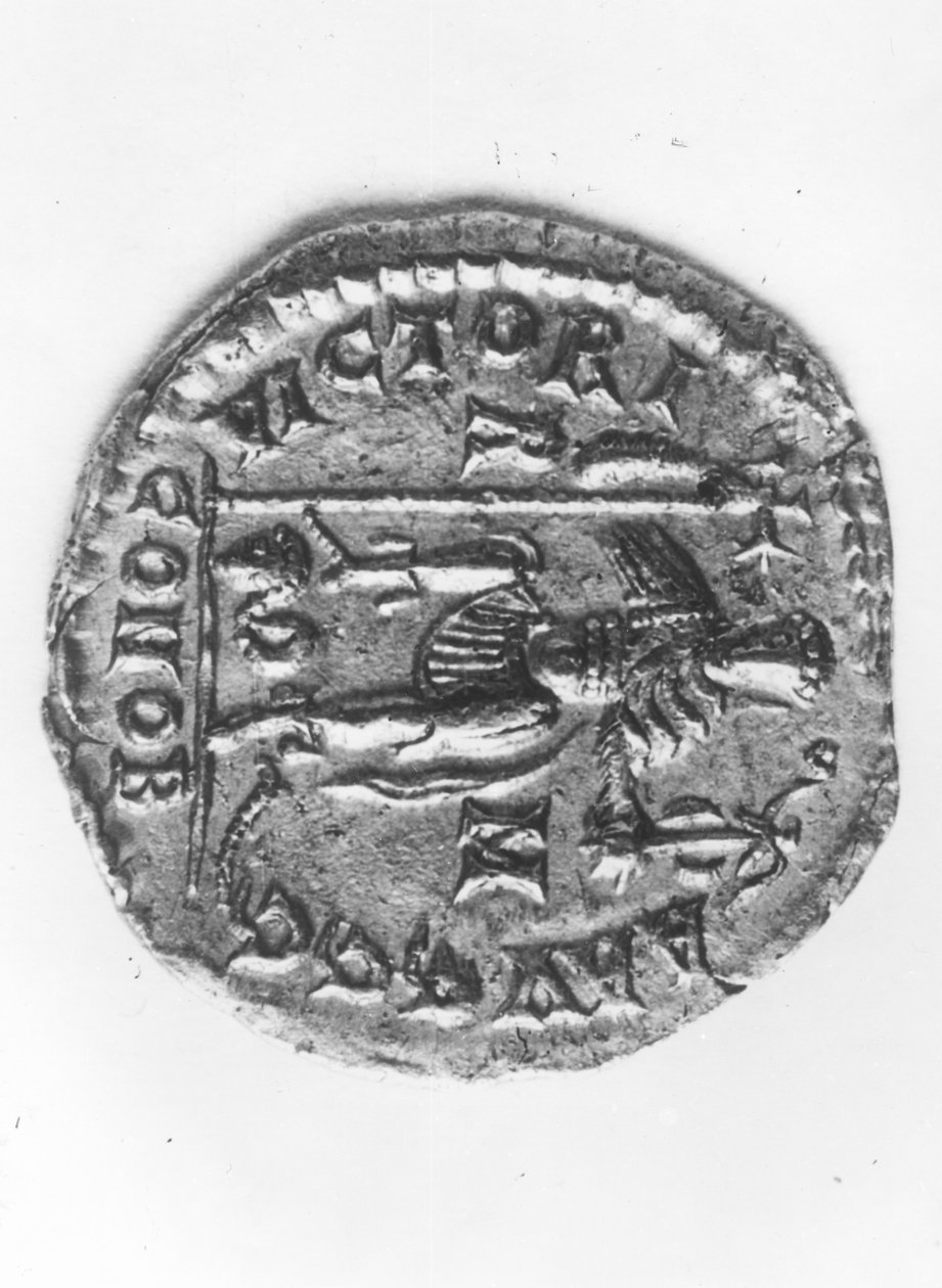 Mynt som viser keiser Valentinian III (419-455) som feirer seieren over Huneren Attila (395-453) ca. 452 (metall) (omvendt) av Roman