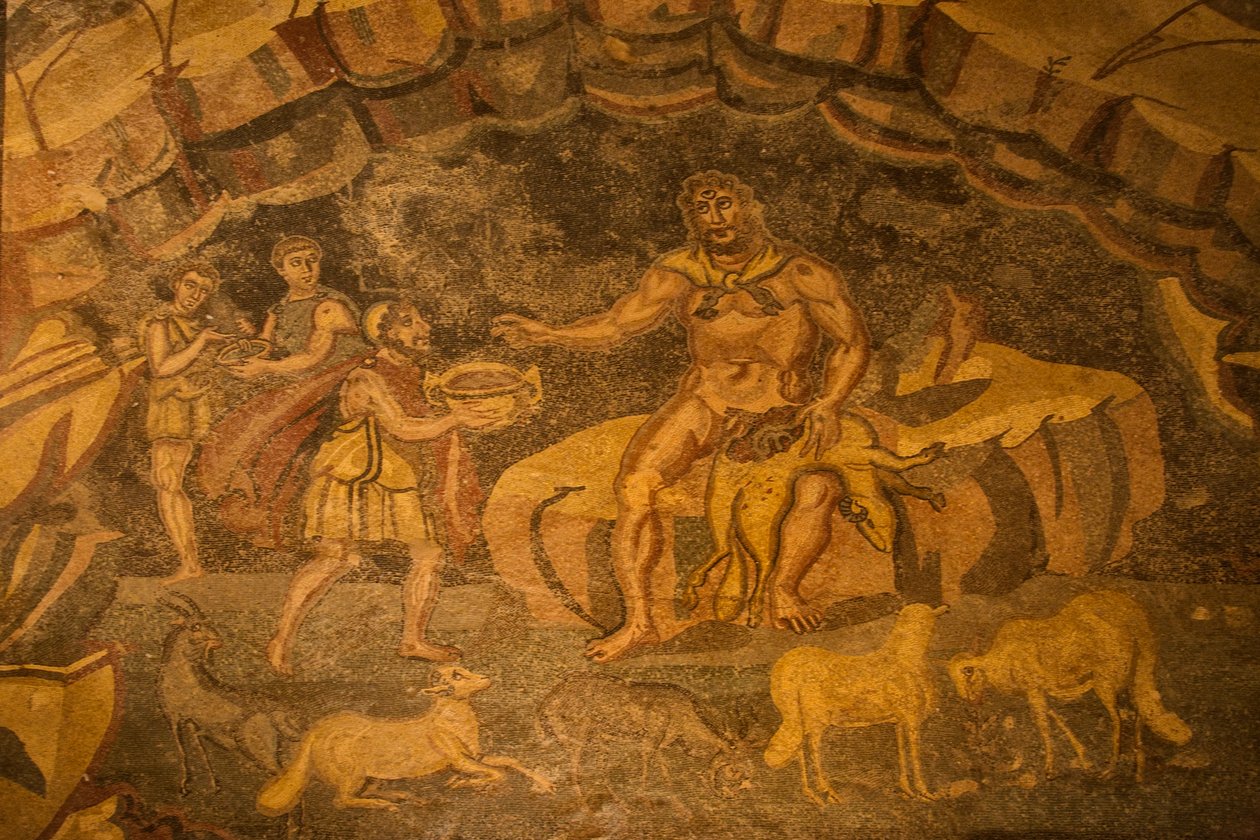 Cyclops gulvmosaikk, Villa Romana del Casale, Piazza Armerina, Sicilia, Italia (bilde) av Roman