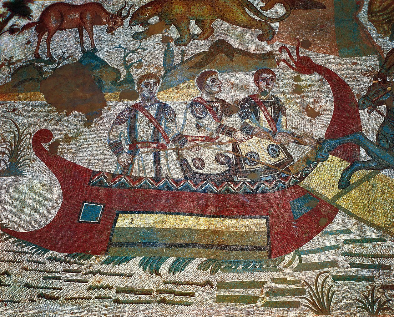 Detalj fra Great Hunt-mosaikk, Villa Romana del Casale, Piazza Armerina, Sicilia, Italia, 4. århundre av Roman