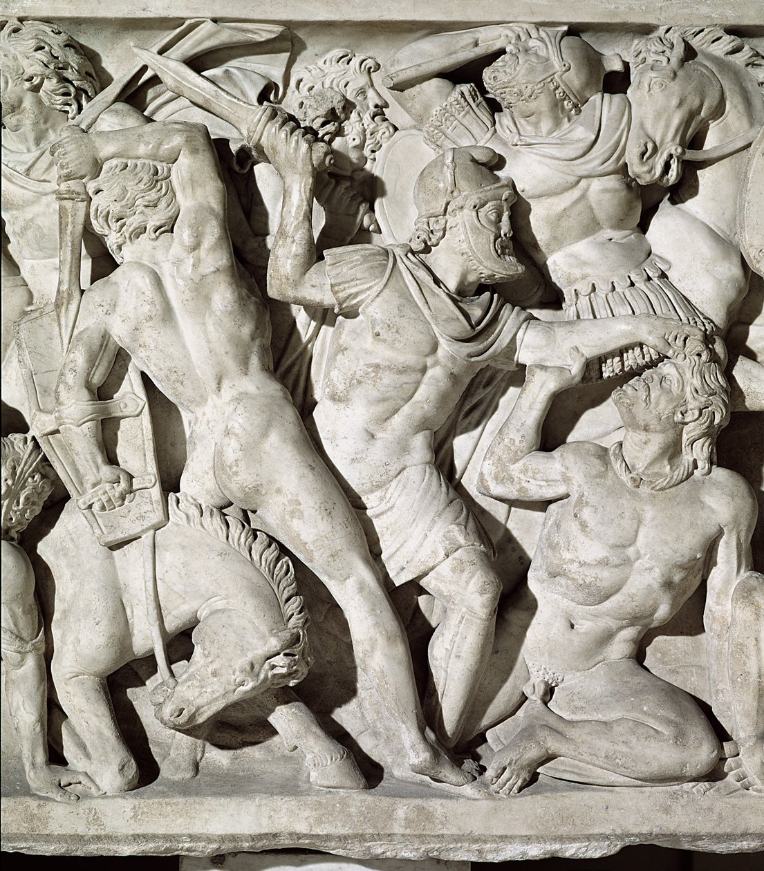 Detalj av en sarkofag som viser en kamp mellom romerne og galaterne stein av Roman