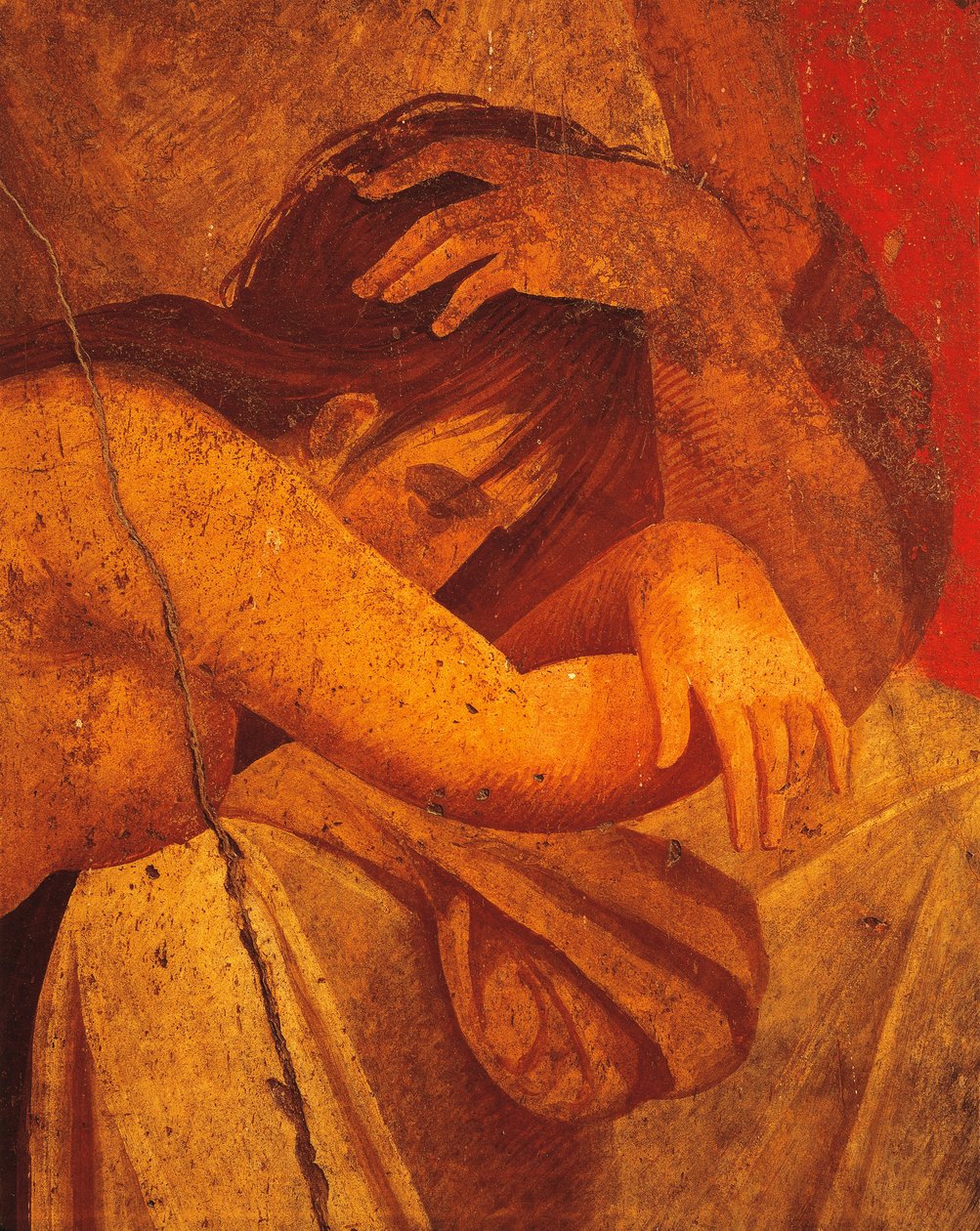 Detalj av freskomaleri som viser Flagellate, Second Pompeian Style, fra Villa of Mysteries, Pompeii, Campania, romersk sivilisasjon av Roman