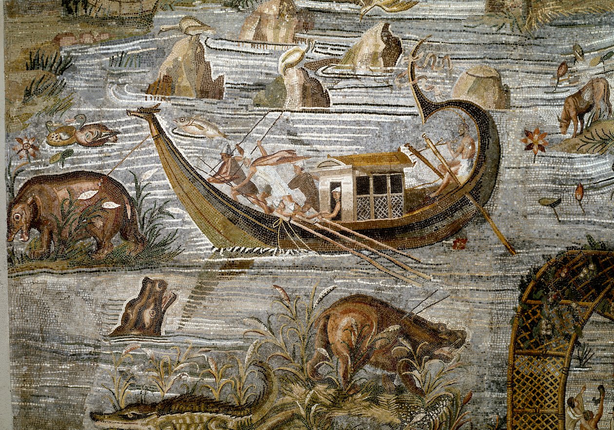 Detalj av den nilotiske mosaikken til Preneste (Palestrina) fra helligdommen til guddommen Fortune Primigenia, 80 f.Kr. av Roman