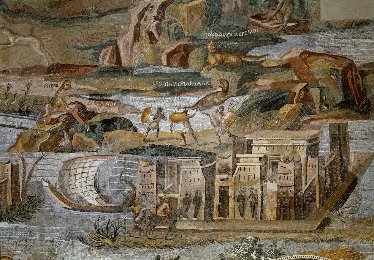 Detalj av den nilotiske mosaikken til Preneste (Palestrina) fra helligdommen til guddommen Fortune Primigenia, 80 f.Kr. av Roman