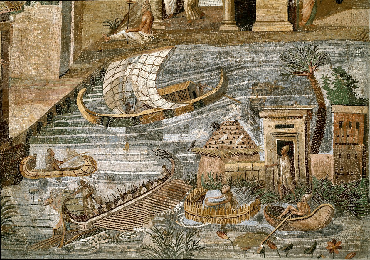Detalj av den nilotiske mosaikken til Preneste (Palestrina) fra helligdommen til guddommen Fortune Primigenia, 80 f.Kr. av Roman
