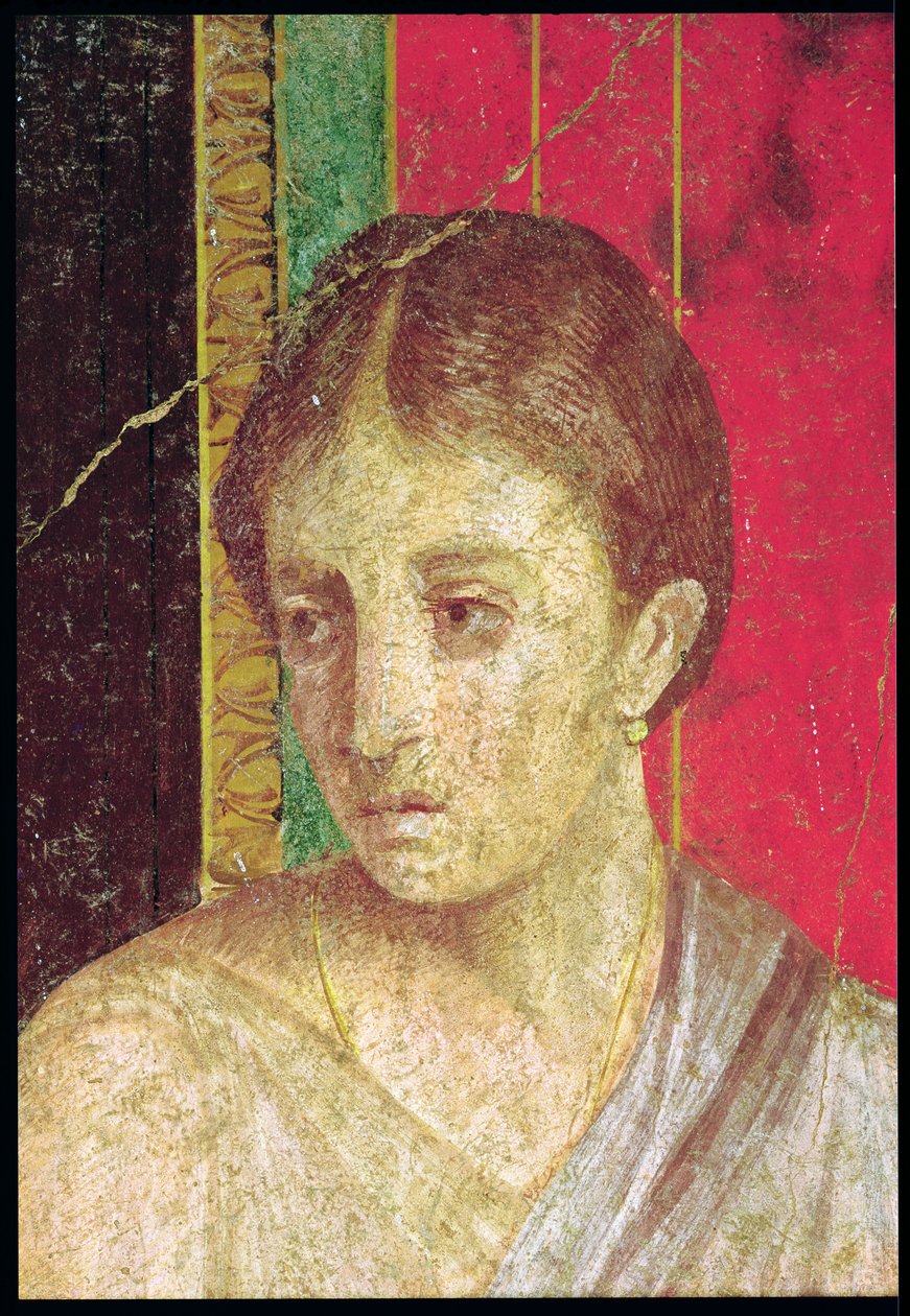 Detalj av hodet til den sittende mor, fra katekismescenen, Nordmuren, Oecus 5, 60-50 f.Kr. fresco se også 20015 av Roman
