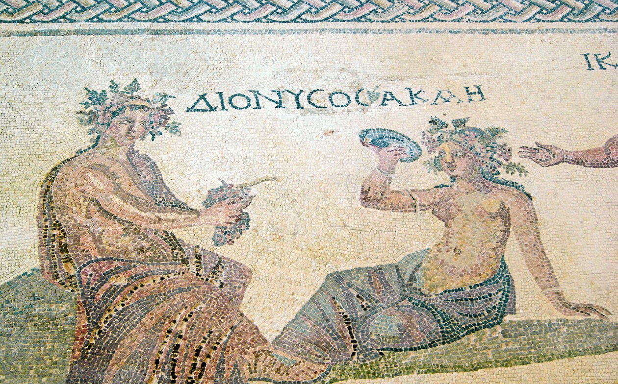 Dionysos rådgiver nymfen Akme, House of Dionysos, Pafos, Kypros (mosaikk) av Roman