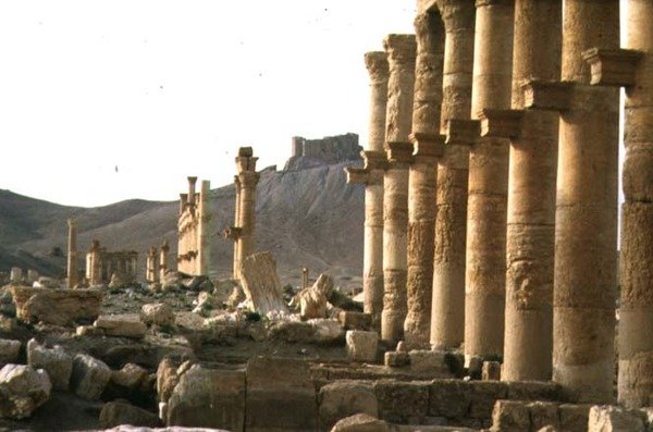 Den tidligste delen av den søylegate som danner hovedaksen til byen, fører til et begravelsestempel og Qalaat Ibn Maan, et arabisk slott fra 1600-tallet, bygget i første halvdel av 200-tallet (bilde) av Roman