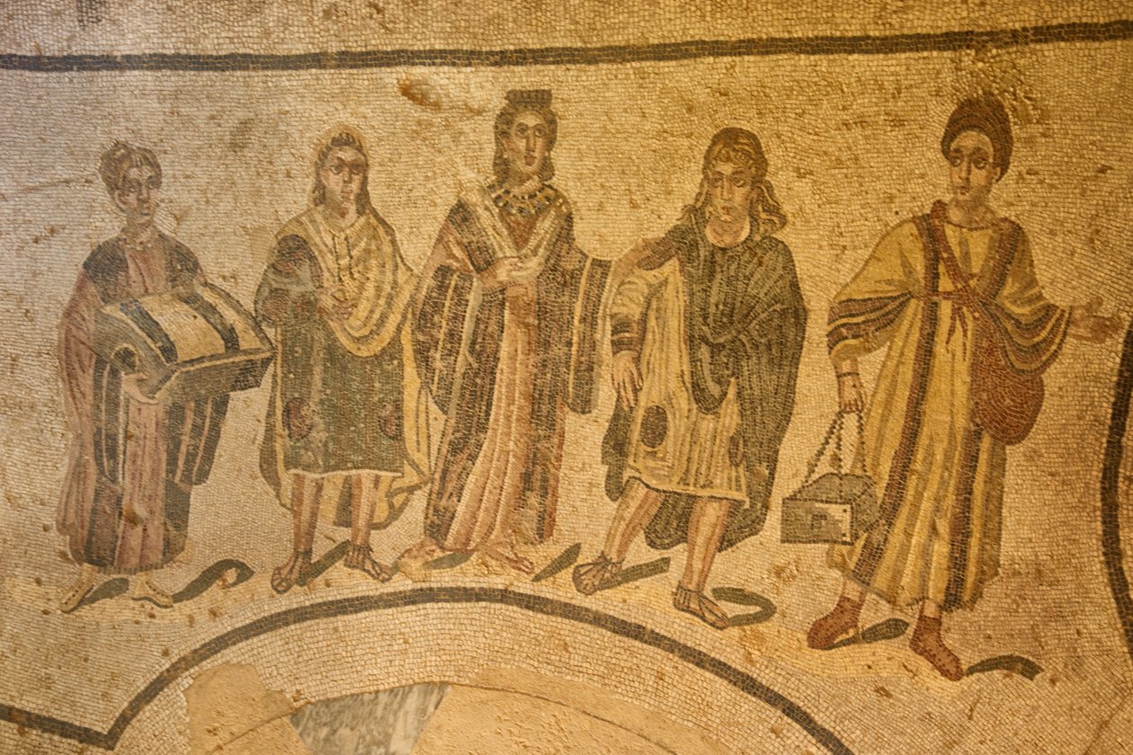 Inngang til terma, gulvmosaikk, Villa Romana del Casale, Piazza Armerina, Sicilia, Italia (bilde) av Roman