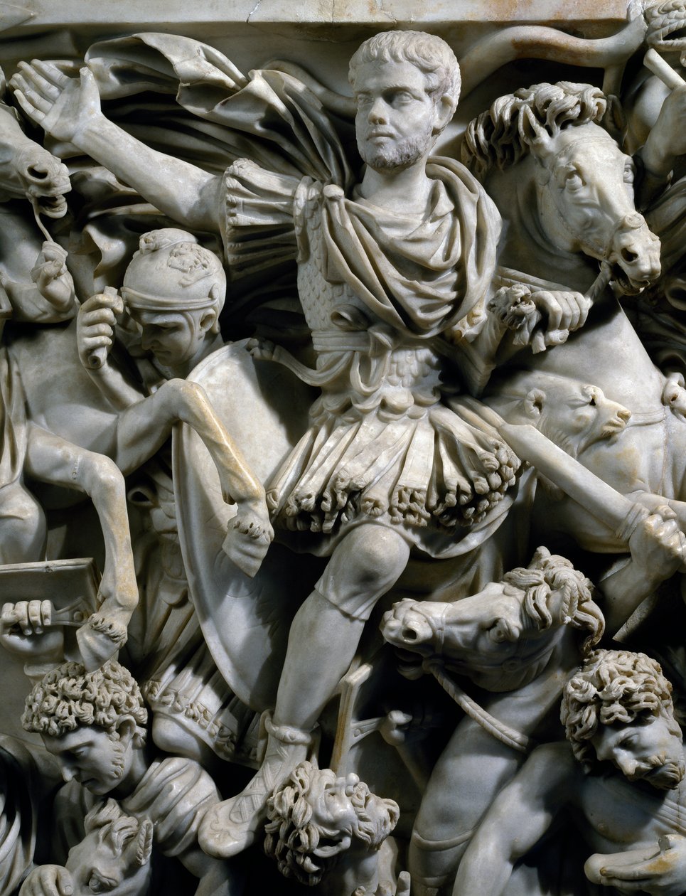 Rytterportrett av Hostilianus, sønn av keiser Decius, sammen med vaktene hans på hesteryggen, detalj fra Den store Ludovisi-sarkofagen med relieff som viser kamp mellom romere og østgoter, ca 260, romersk sivilisasjon, 3. århundre av Roman
